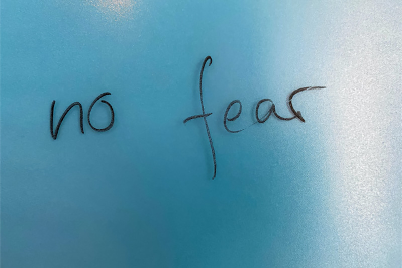 Blue gradient background with the words "No Fear" in black writing